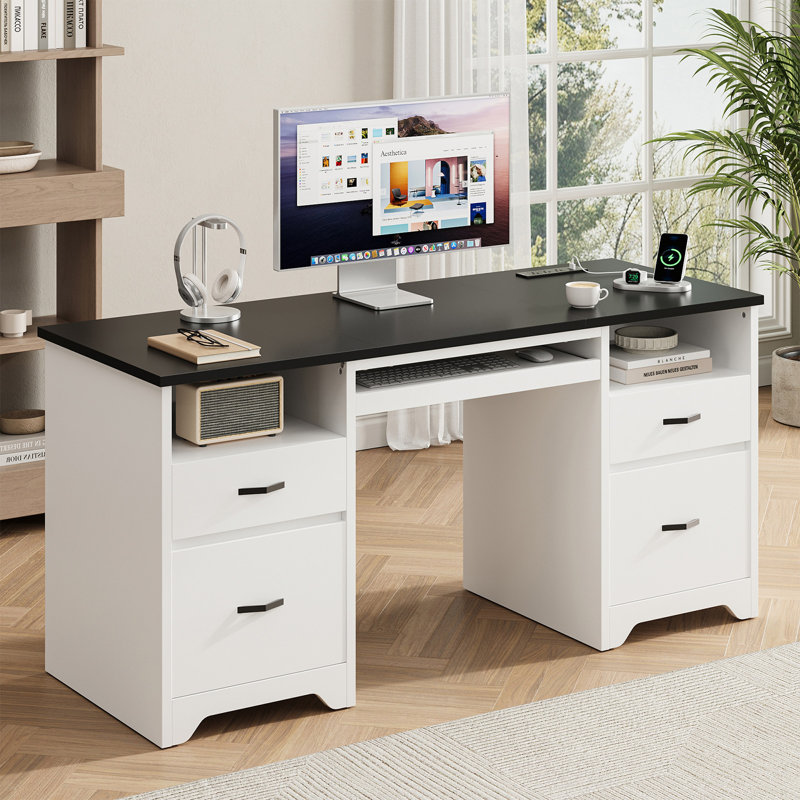 59" Symmetric Computer Desk with Power Strip & Keyboard Tray, Office Desk with Ample Storage, White
