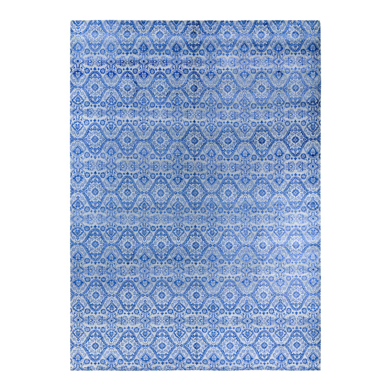 Tapis unique fait à la main Ikat - bleu, 9 pi 0 po x 12 pi 4 po