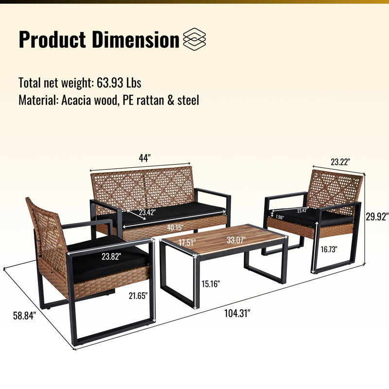Delyle 4 - Person Patio Conversation Set with Cushions, Black, Brown