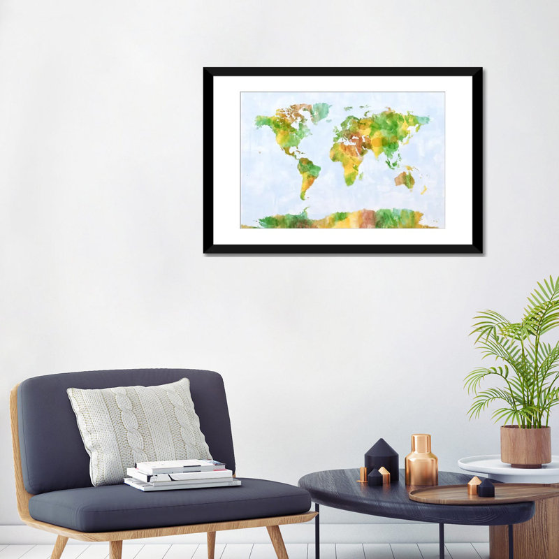 « world map » par michael tompsett, reproduction d’art sur toile, H 24 po x l 32 po x P 1 po, Papier d'art encadré noir