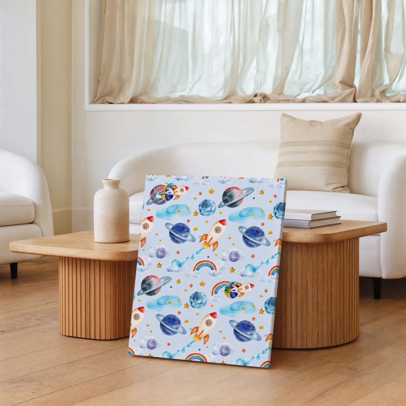 Toile, motif fantaisiste sans soudure mettant en vedette un thème de l'espace ludique mettant en vedette divers éléments célestes comme des fusées, art mural sur toile