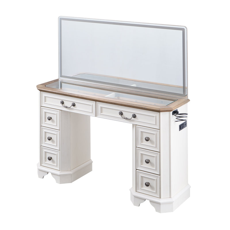 48" Farmhouse Makeup Vanity Desk With Hd Mirror And Lights, Vanity Table With 8 Drawers，With Glass Top And Power For Bedroom
