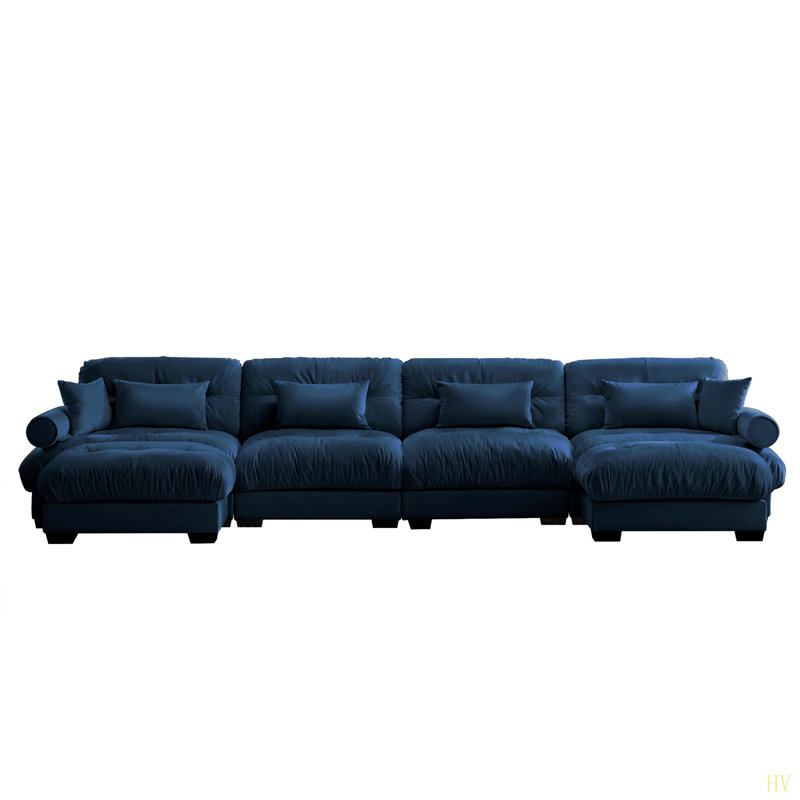 U Shaped Sectional Sofa Cloud Couch With Movable Ottomans,Convertible Deep 4 Seater Modern Velvet Comfy Upholstered Corner Couch With Blostered Armrests, Waist Pillow And Throw Pillows