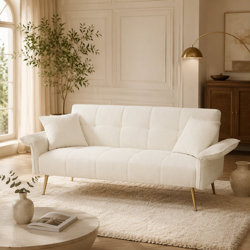 Futon-lit de 70,1 po, canapé-lit double convertible avec accoudoirs rabattables, Velours beige