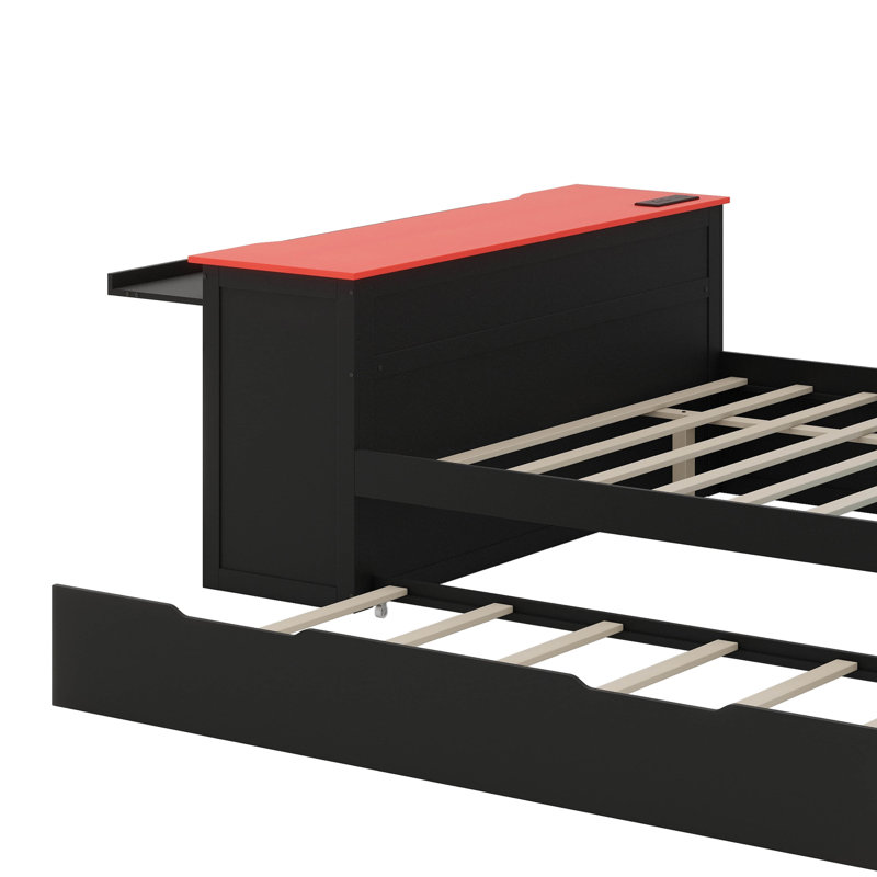 Le lit de jour simple en bois comprend un lit gigogne, un bureau, un éclairage à DEL et un port USB, Lit double, Black/Red