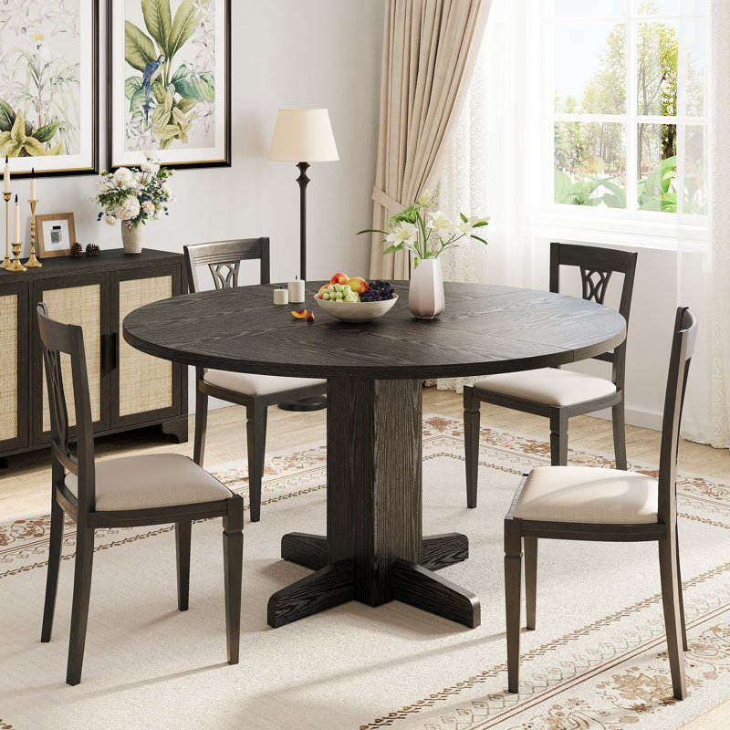 Round Dining Table for 4-6 People, 47" Wood Kitchen Table with Sturdy Pedestal Base, Farmhouse Dinner Tables for Dining Room, Kitchen, Living Room, Black