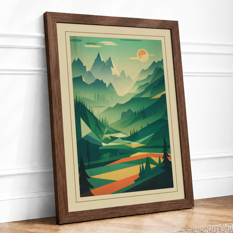 Mountains at Sunset Retro - Framed Print, A2 - 59.4 x 42.0 cm, Walnut