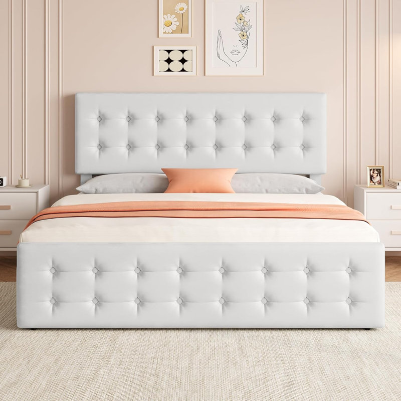 Très grande base de lit en cuir PU avec 4 tiroirs, tête de lit réglable, blanc, King