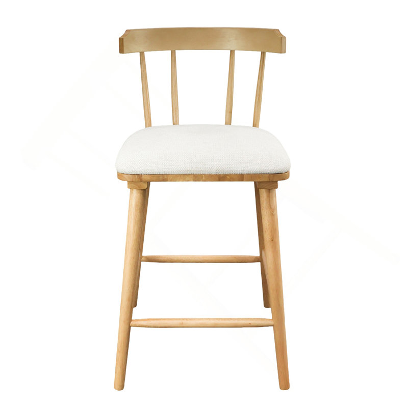 Tabouret de comptoir d'intérieur en bois rembourré, finition naturelle avec revêtement beige, style Windsor