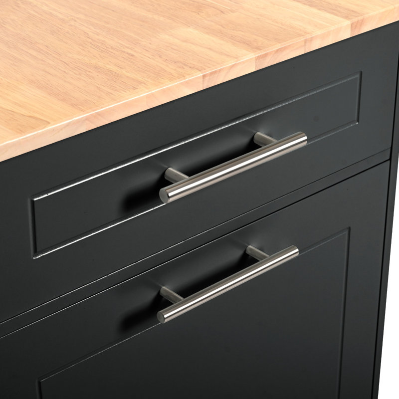 K&K Fluted Kitchen Island With Trash Can Storage Cabinet, Power Outlet, Internal Storage Rack, Rolling Kitchen Islands On 5 Wheels With 3 Drawer, 3 Open Side Racks For 10 Gallon Garbage Bin, Black