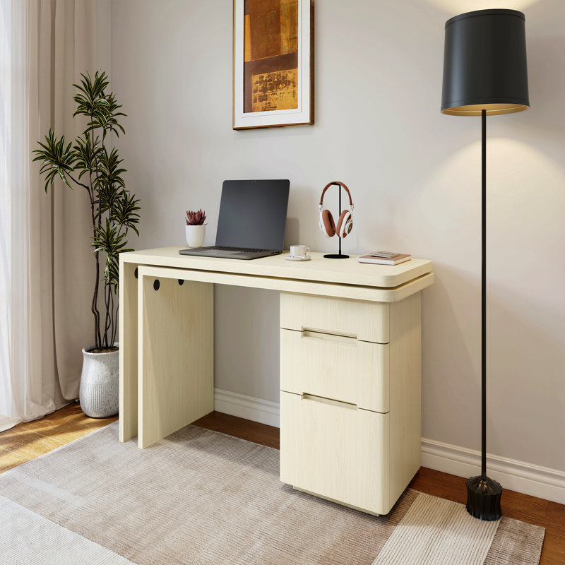 Bureau moderne en L 90 po en bois naturel avec 3 tiroirs, bureau pivotant à 360 ° en bois, bureau de direction, bureau d'angle, bureau d'étude, pour le bureau à domicile ou le salon