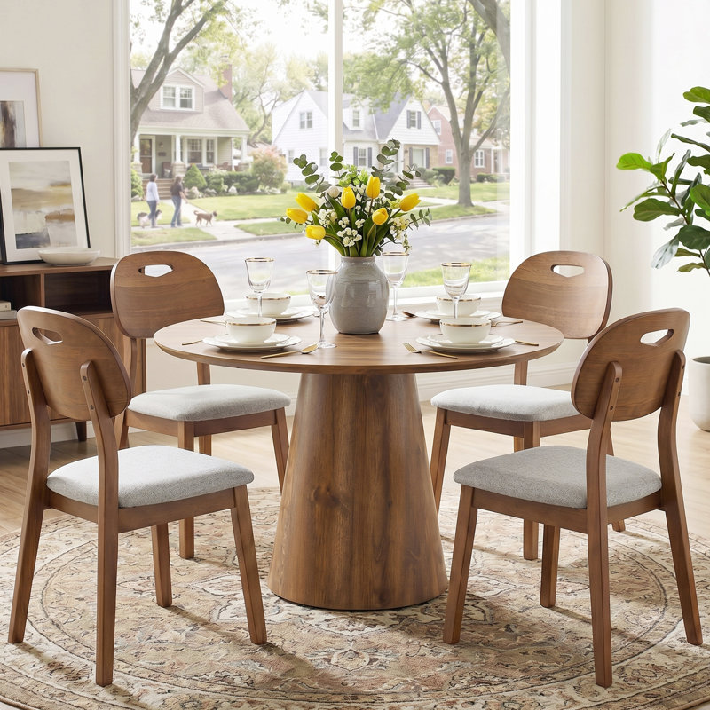 5-Piece Mid-Century Dining Set With 45" Round Pedestal Table And 4 Solid Wood Gray Fabric Chairs, 5 Pieces: Table, 4 Chairs