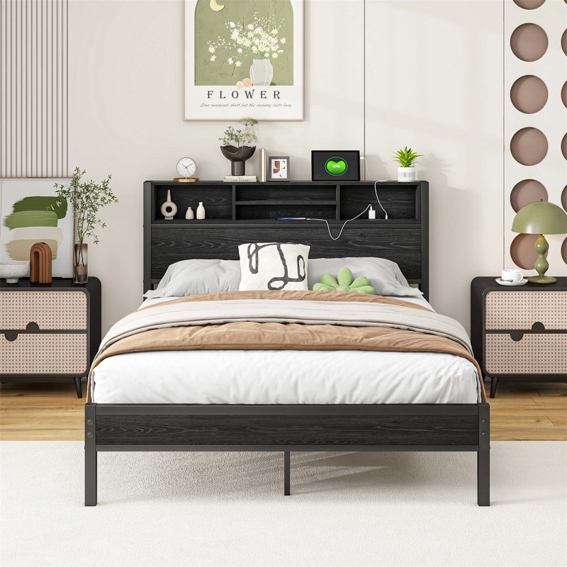 Bed Frame with Storage Headboard, Black, Full / Double