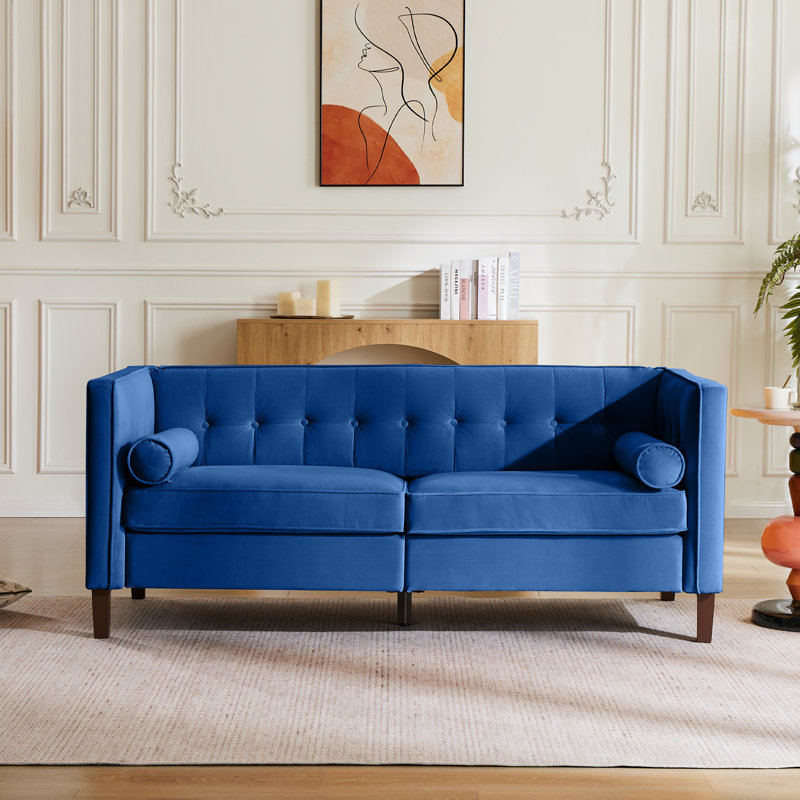 Haahris 69'' W Tuxedo Arm Upholstery Velvet Loveseat Sofa, Blue Velvet