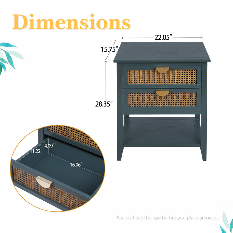 Master Classical Nightstand with 2 Rattan Drawers, Bedside Table with Storage, End Table, Turquoise