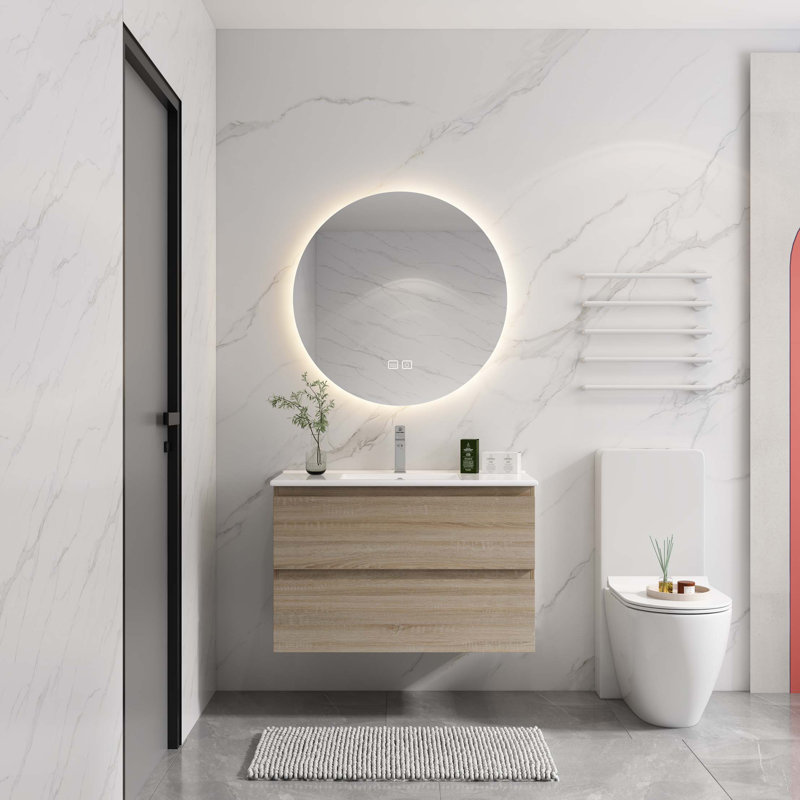 Meuble-lavabo mural avec lavabo en céramique, 2 tiroirs à fermeture en douceur, Blanc, Chêne clair, 35.9"