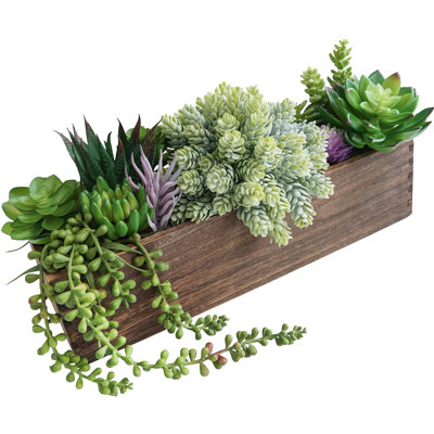 Assorted Artificial Succulent Arrangement Assorted Succulents in Rectangular Wooden Planter Faux Potted Plant