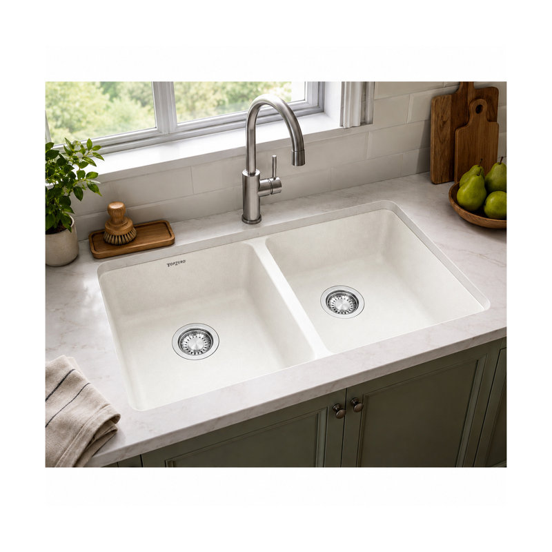 33" Double Even Bowl Crystagranite Undermount Sink White