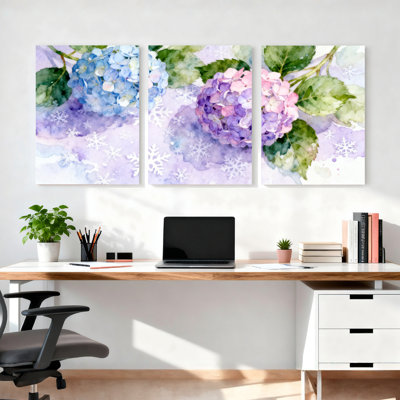 Watercolor Hydrangea with Snowflakes Canvas Wrapped Wall Art, Floral Painting Print (Set of 3)