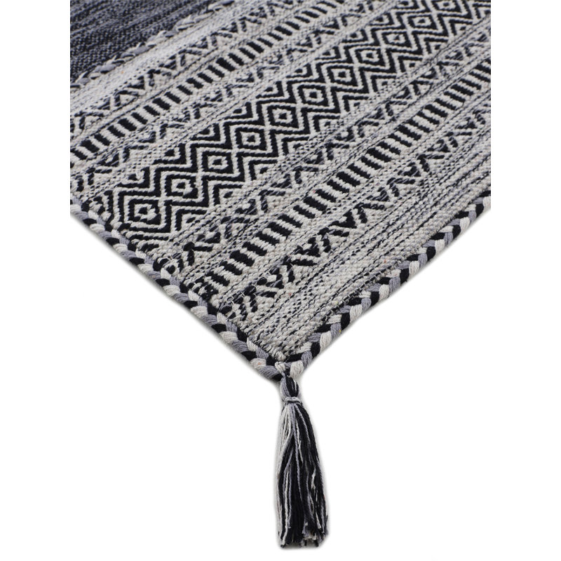 Azizi Striped Hand Woven Cotton Black Rug, Runner 80 x 300cm