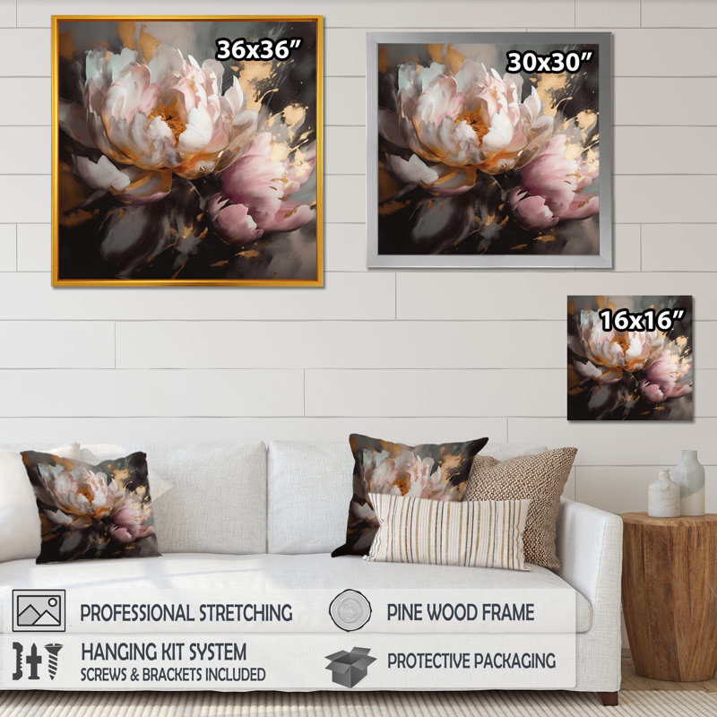 Marbre rose doré, pivoine V, reproduction d'art sur toile, Cadre photo noir, H 24 po x l 24 po