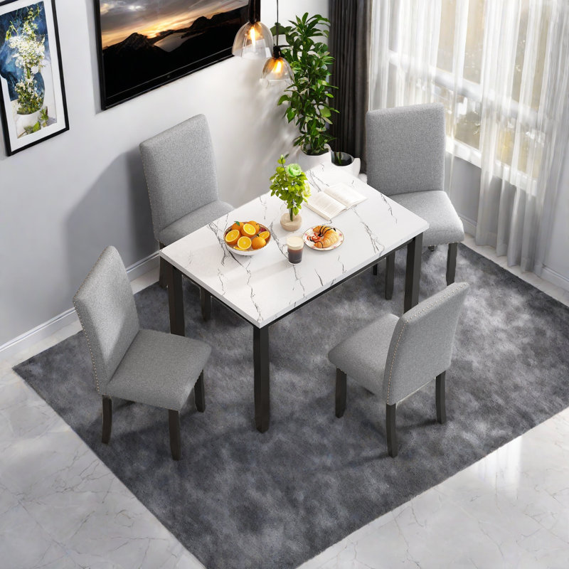 Table de salle à manger 5 pièces en faux marbre avec 4 coussins épais, Gris, Blanc