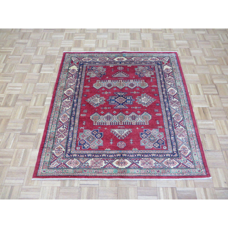 Tapis de zone en laine rouge/bleu 4 pi 9 po x 5 pi one-of-kind à la main noué la Bechtold