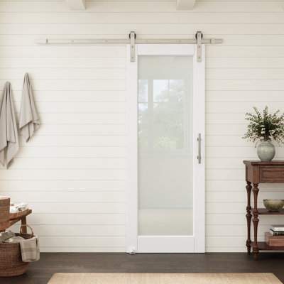 28"x80" White Prime Full Lite Frosted Glass Slab Door With Nickel Barn Door Hardware Kit Suitable For Pantry, Bedroom
