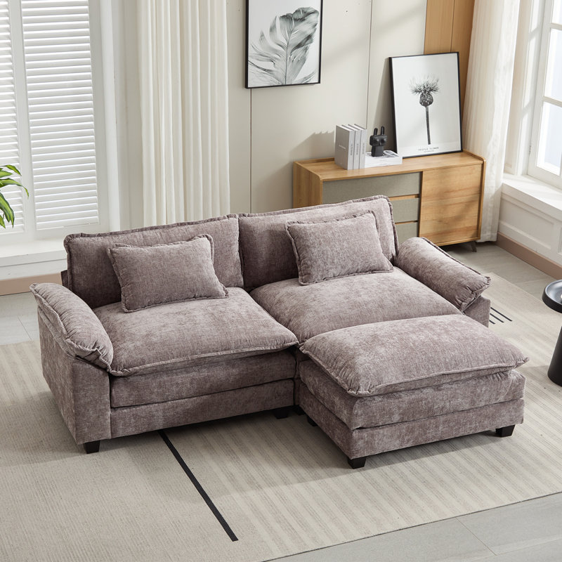 Arale 86'' Wide Comfy Cloud Couch Sectional Loveseat Sofa with Ottoman, Arale Light Gray Chenille