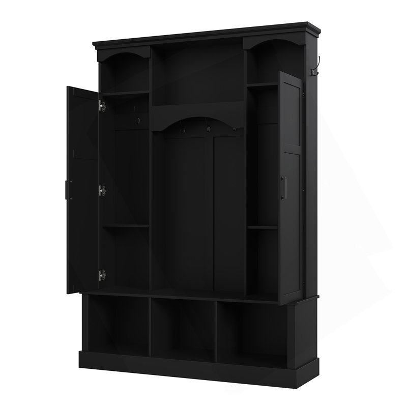 Modern All-In-One Hall Tree With Adjustable Shelves, Classic Arched Farmhouse Storage Bench With Dual Side Cabinets, Elegant Entryway Organizer With 7 Hooks For Mudroom, Hallway