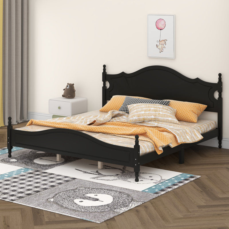 Lit plateforme rétro avec tête de lit, cadre de lit en bois, aucun sommier nécessaire, Noir