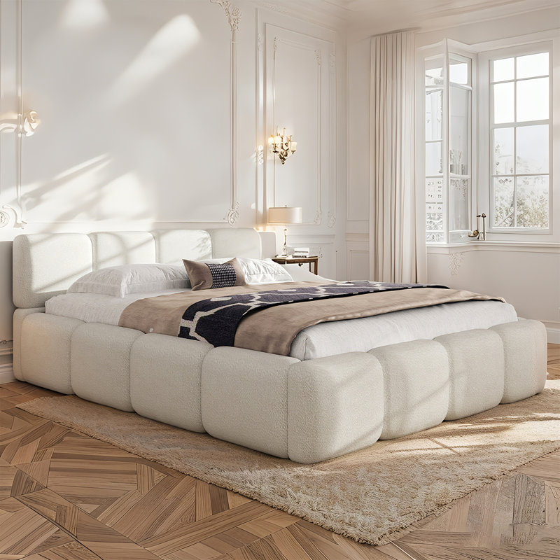 Upholstered Platform Bed With Plush Headboard & Footboard, Queen, White Boucle