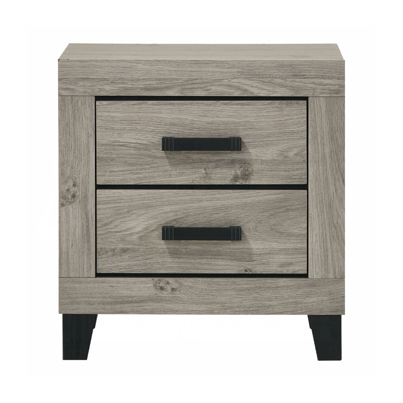 Table de chevet 2 tiroirs en bois avec poignées en métal gris clair