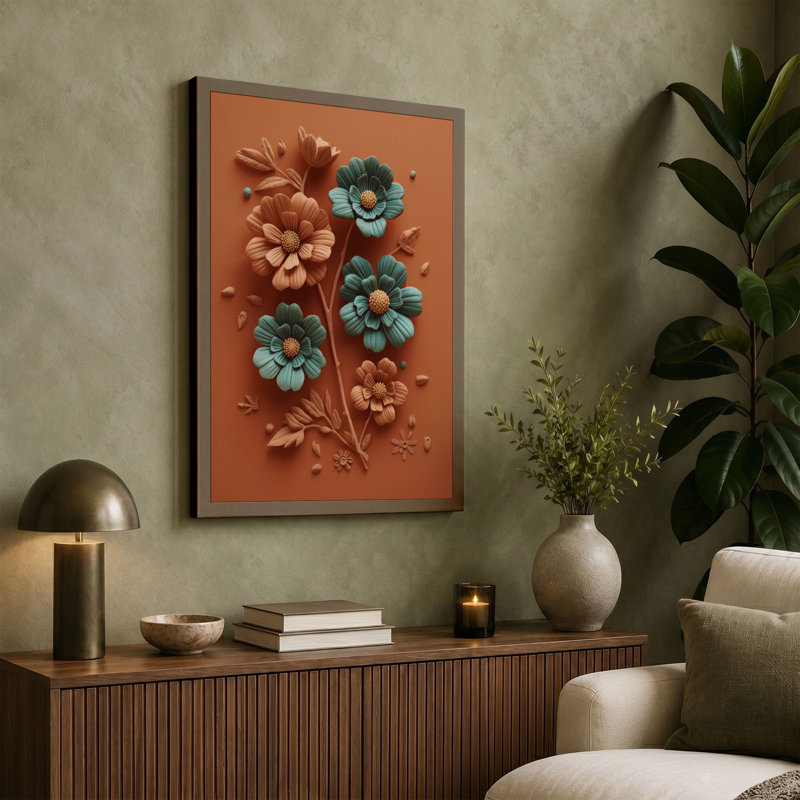 Terracotta Blooms Botanical - Wrapped Canvas, 36x24 - 91.4 x 61.0 cm, Ochre Border