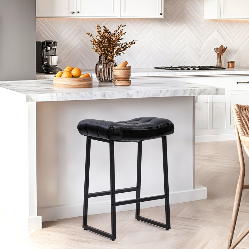 24" Modern Backless Saddle Counter Height Bar Stools With Metal Frame for Kitchen Island, Black Seat/Black Frame