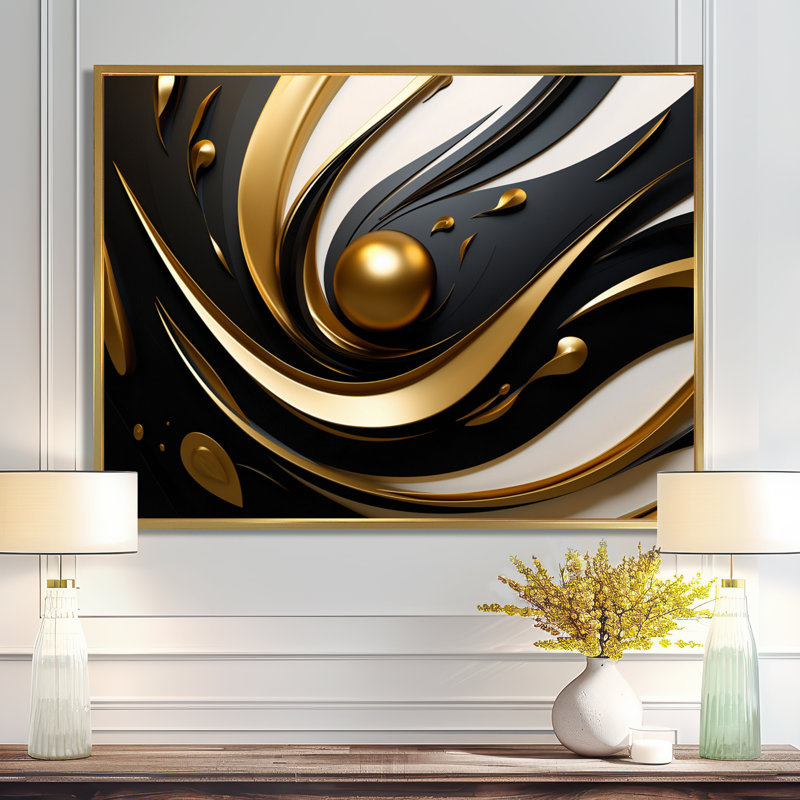 «Gold Core», art mural blanc, noir et abstrait, H 30 po x l 40 po x P 1,5 po, Toile avec cadre flottant or