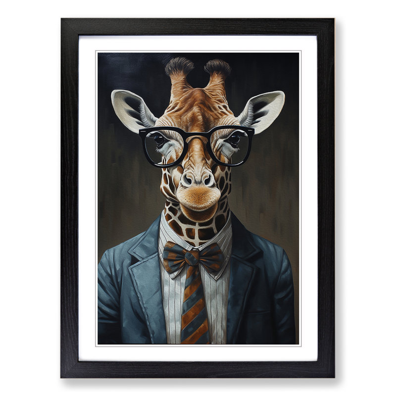 Giraffe with Glasses Painting - Framed Print, Black Framed, 46cm H x 34cm W