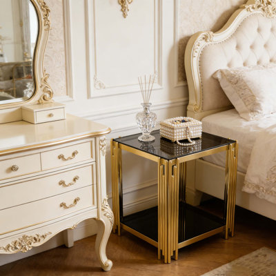 Modern Black Mirror End Table for Living Room, Square,Asymmetrical Metal, Gold Finish & Lower Shelf, 19.9"