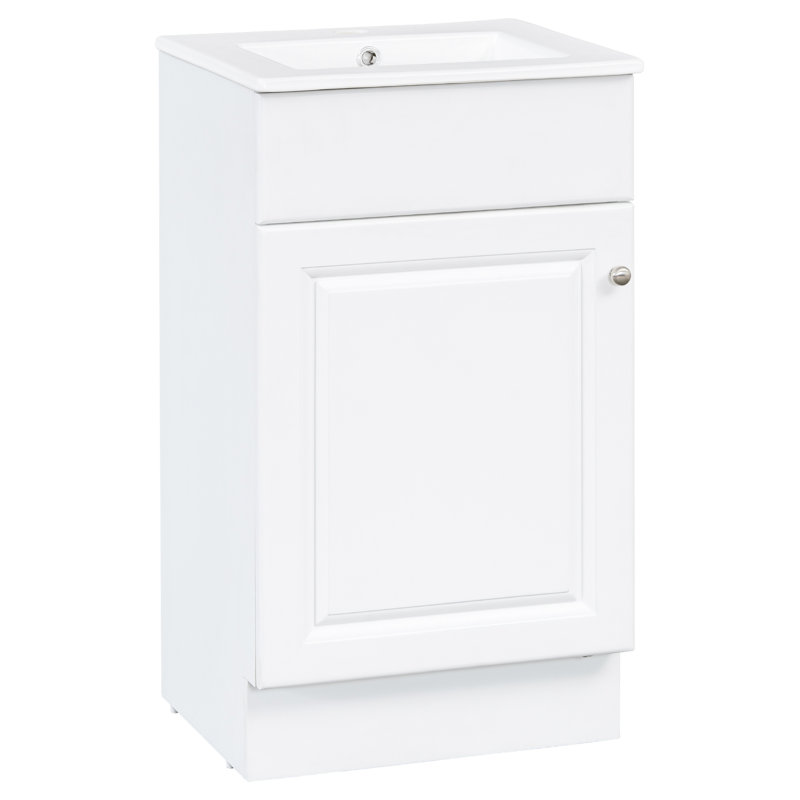 Meuble-lavabo blanc de 18 po avec lavabo. Finition. Lavabo en céramique qui retient l'eau. Tablette de porte et tablette réglable. Armoire.