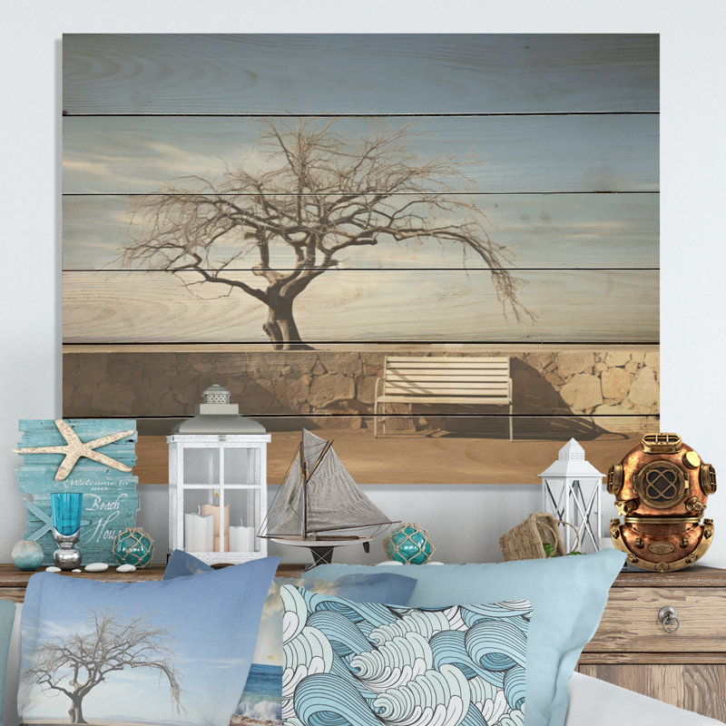 Mimalisme, banc sous un arbre, paysage - Plage côtière, art mural sur bois de pin naturel, H 30 po x l 40 po
