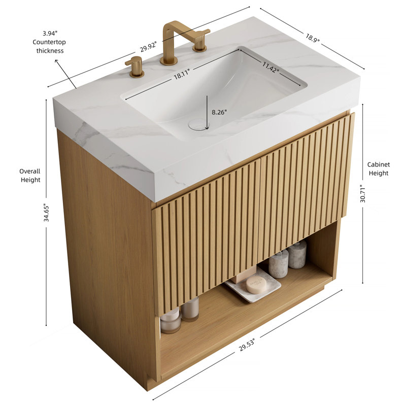 Meuble-lavabo autoportant de 76 cm avec comptoir en pierre frittée et lavabo encastré en céramique