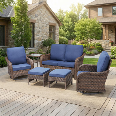 Arley 6-Piece Outdoor Wicke Loveseat Conversation Set With Swivel Chairs, Side Table And Ottomans