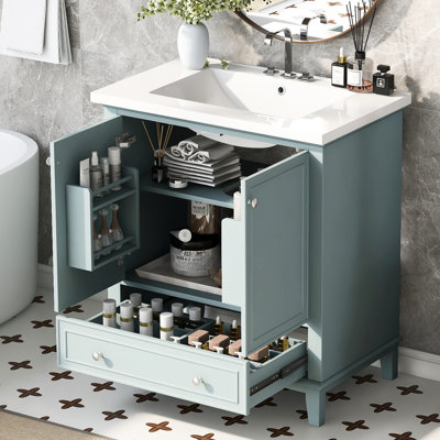Meuble-lavabo de 30 pouces avec lavabo central encastré, armoire de rangement multifonctionnelle, bois d'hévéa massif et charnières en acier inoxydable à finition peinte, forme rectangulaire autoportante, rond argenté