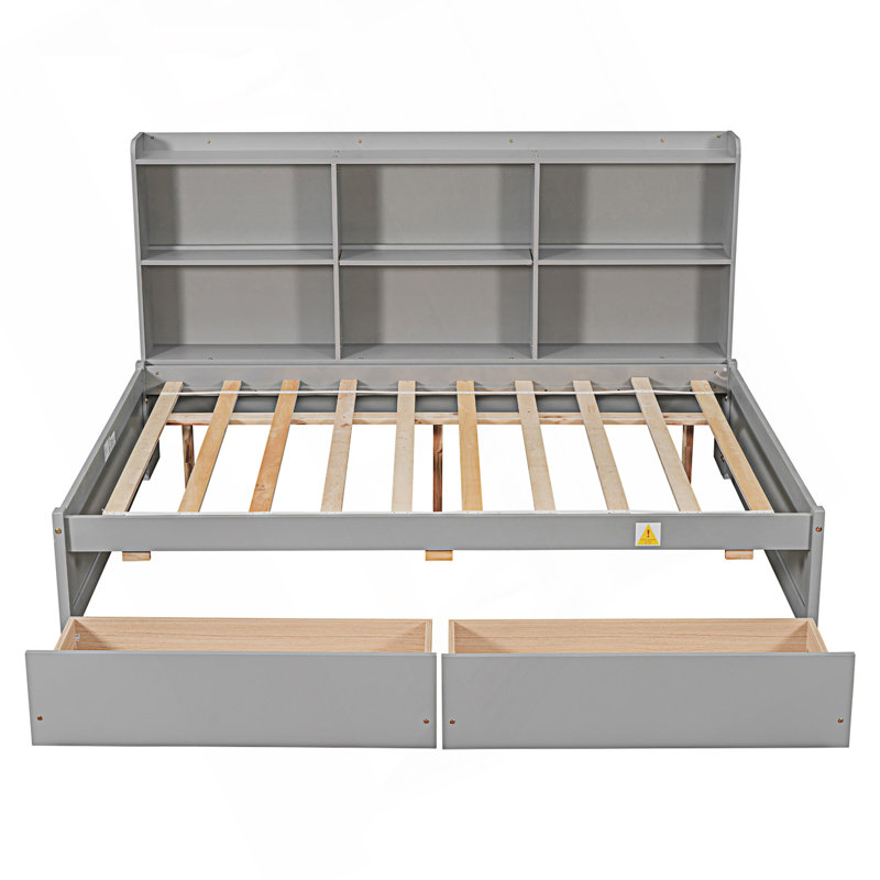 Full Bed With Side Bookcase And Drawers, Modern Bed Frame
