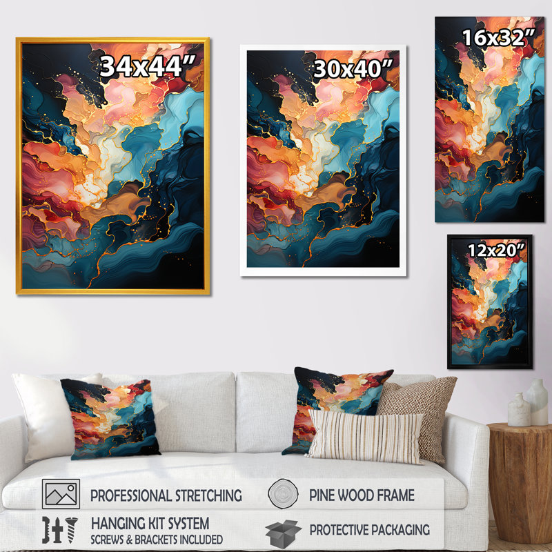 Rose et bleu tourbillonnant, peinture fluide III - art mural abstrait, Cadre flottant doré, H 44 po x l 34 po x P 1,5 po