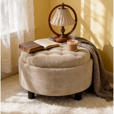 Repose-pieds de rangement de 25 pouces, repose-pieds rond, repose-pieds de table basse, table d'appoint en bois, pouf rembourré en tissu, petit meuble de rangement, rangement caché, décor de maison de campagne moderne, salon, chambre à coucher, chameau