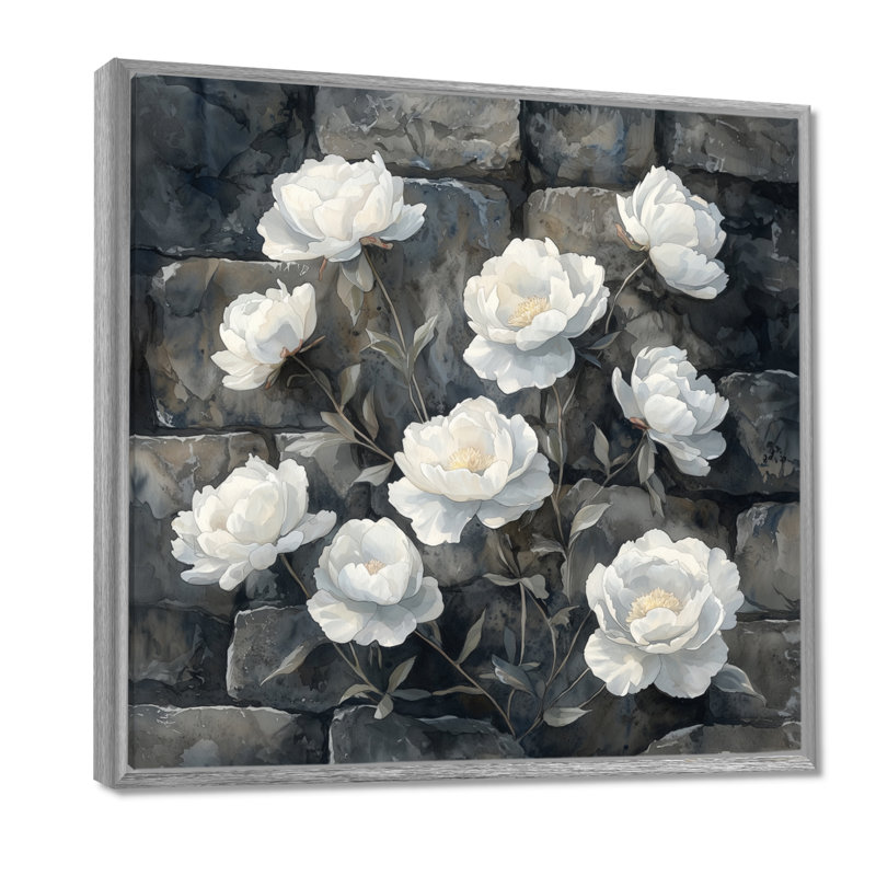 Monochromes de pivoines sur le rocher I - pivoines, art mural, H 16 po x l 16 po, Impression encadrée flottante