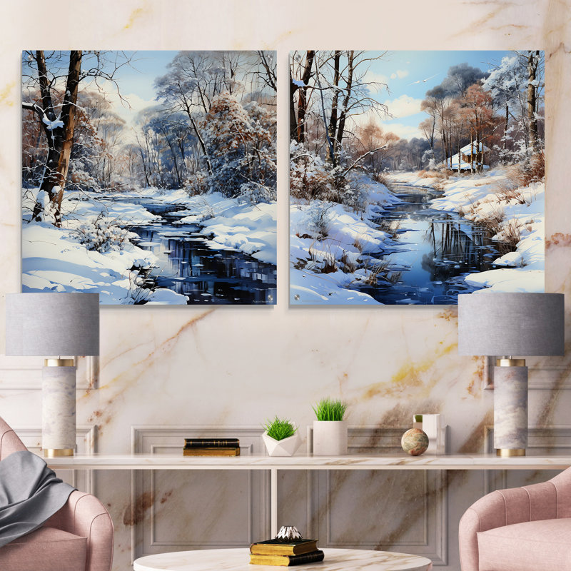 «Snow River Winter Scenery», ensemble de 2 peintures murales en acrylique sur neige, H 16 po x l 33 po