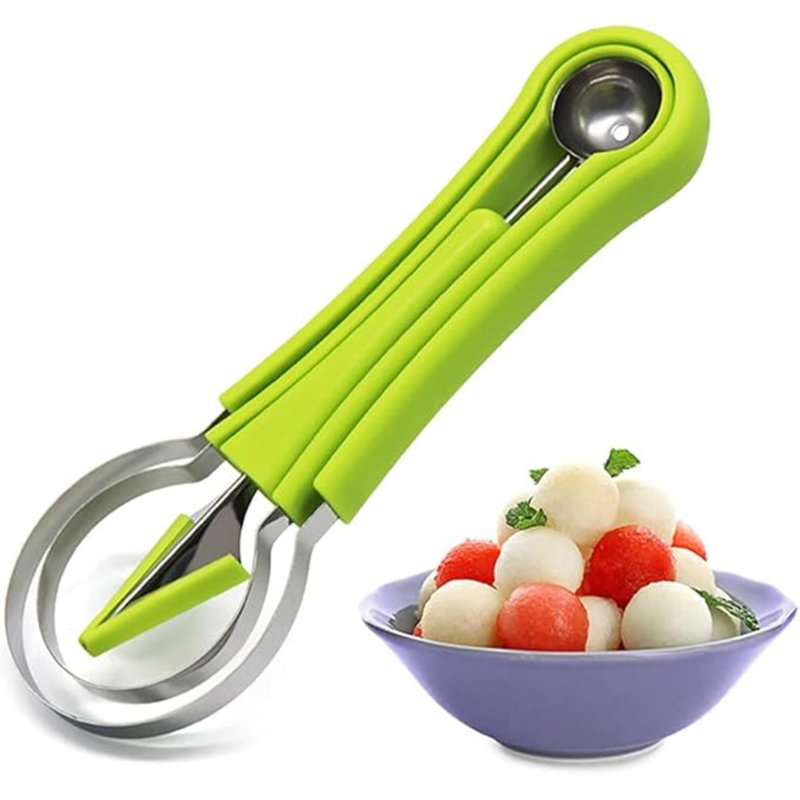 Ensemble de cuillères à melon, formes de coupe-fruits 4 en 1, scooper à melon d'eau et ballerine, outils de sculpture de fruits (vert)