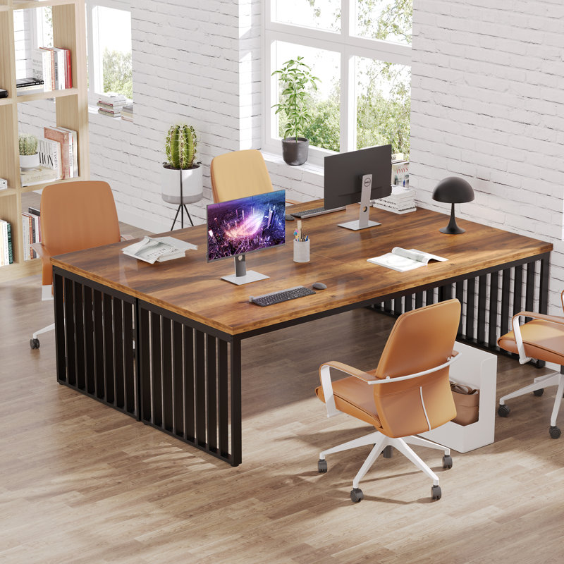 Bureau d'ordinateur 78,74 "extra long pour 2 personnes avec pieds en métal uniques pour le bureau à domicile, Brun